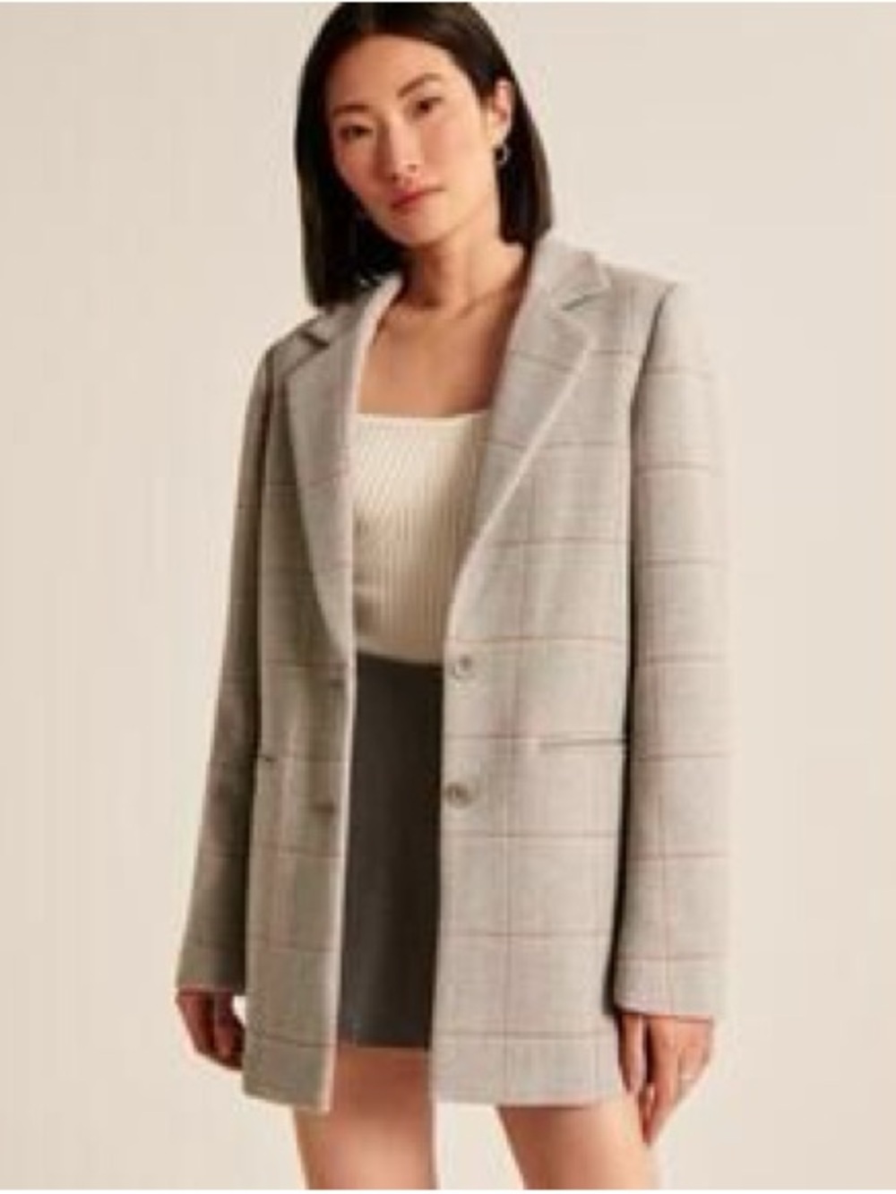 Abercrombie and Fitch Checked Wool-Blend Longline Blazer Jacket - Light Gray